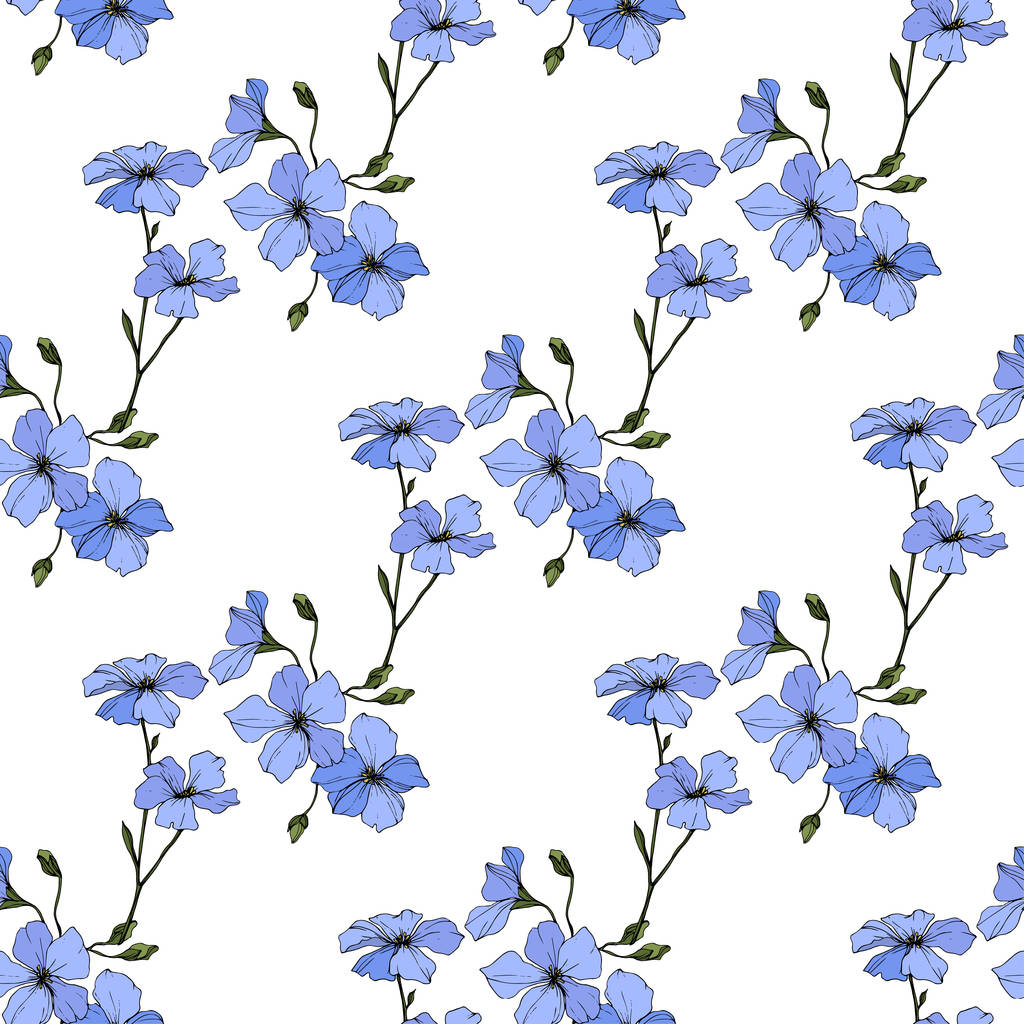 Beautiful blue flax flowers. Engraved ink art. Seamless pattern on white background. Fabric wallpaper print texture. - Vector, Image