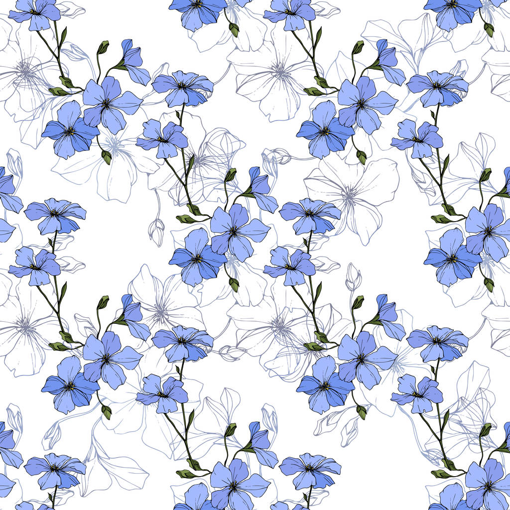 Mooie blauwe vlas bloemen. Gegraveerde inkt art. Naadloze patroon op witte achtergrond. Structuur behang print textuur. - Vector, afbeelding