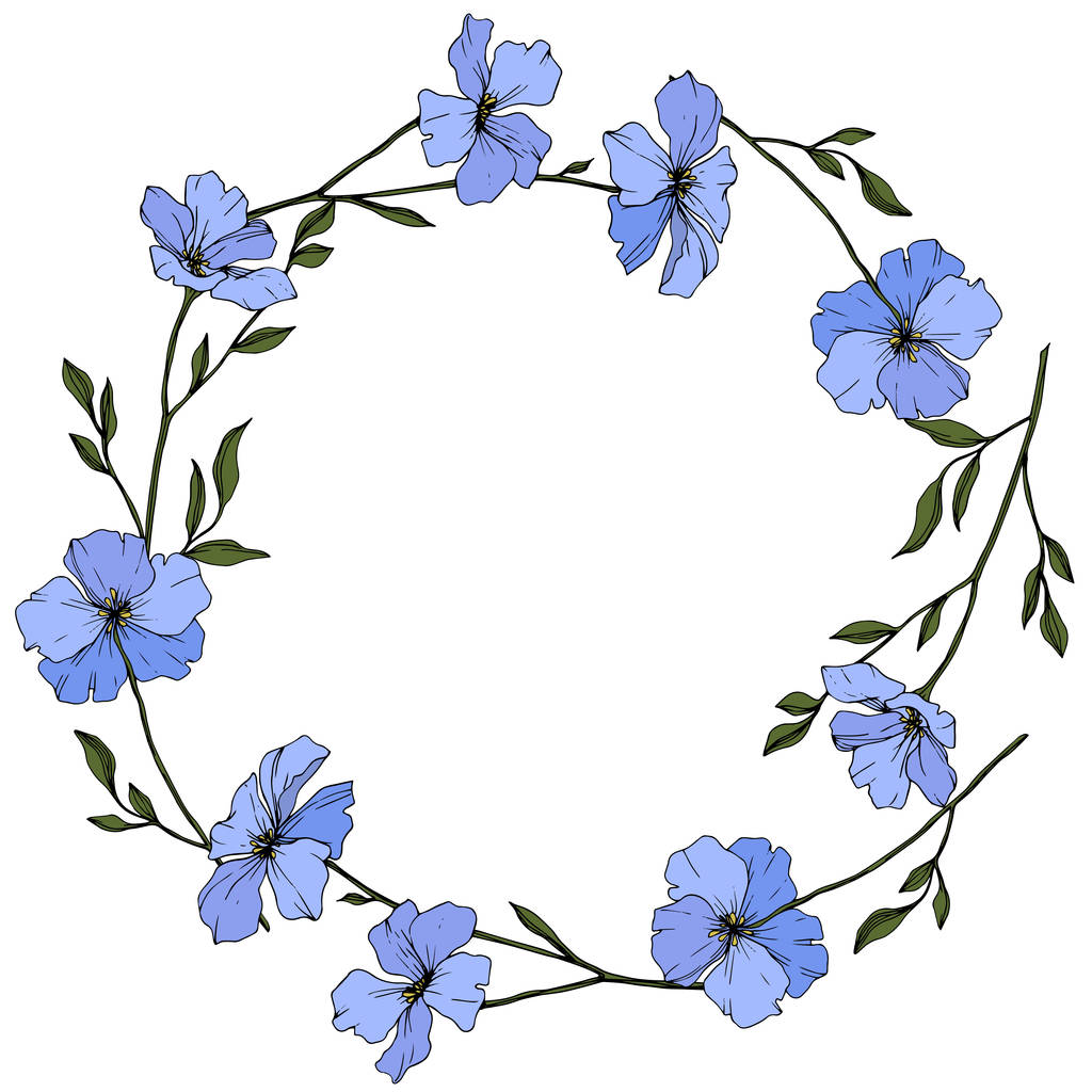 Vector. Blue flax flowers with green leaves isolated on white background. Engraved ink art. Frame floral wreath. - Vector, Image