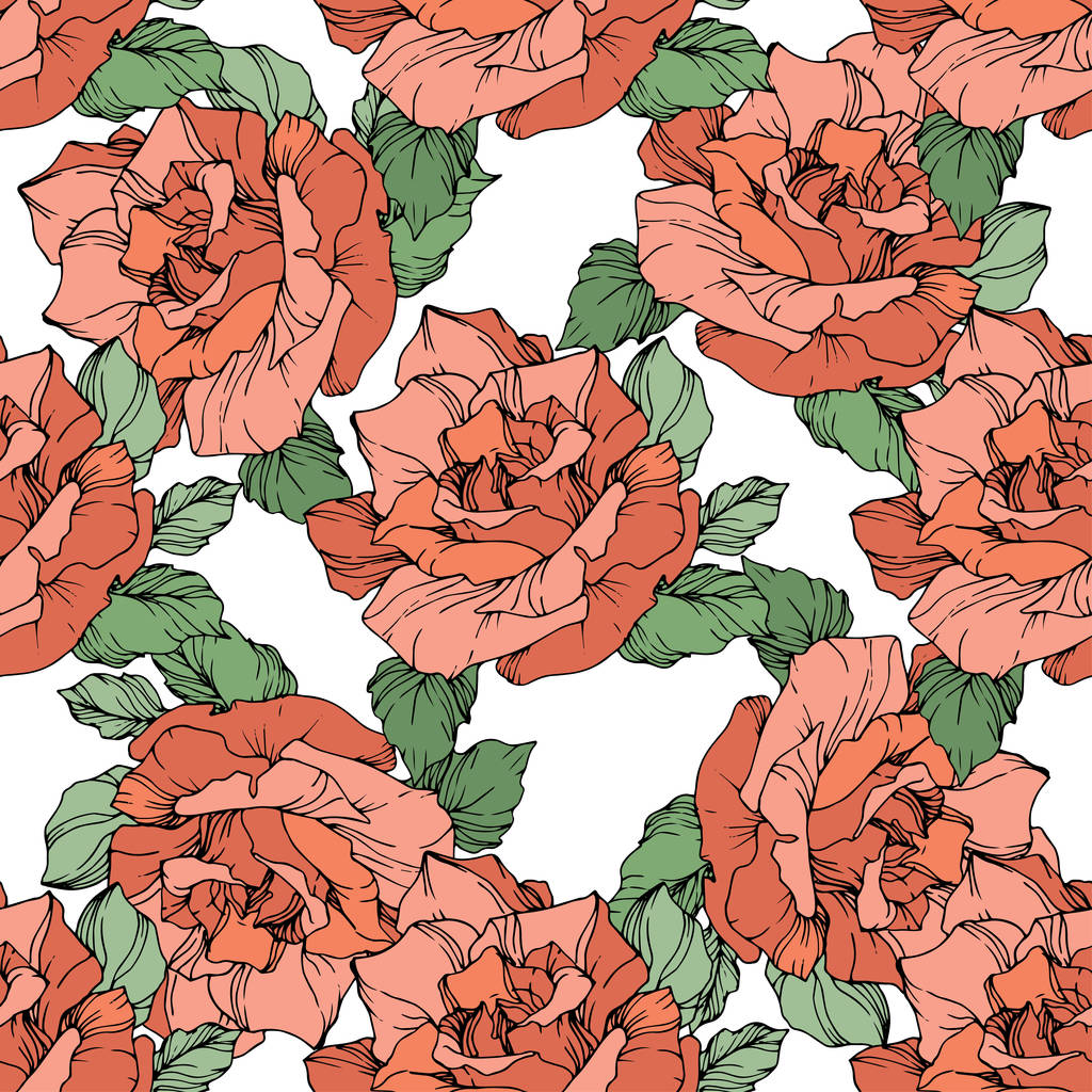 Red roses. Engraved ink art. Seamless background pattern. Fabric wallpaper print texture on white background. - Vector, Image