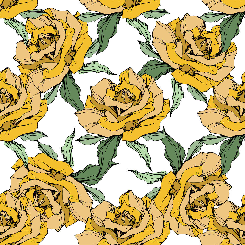 Yellow roses. Engraved ink art. Seamless background pattern. Fabric wallpaper print texture on white background. - Vector, Image