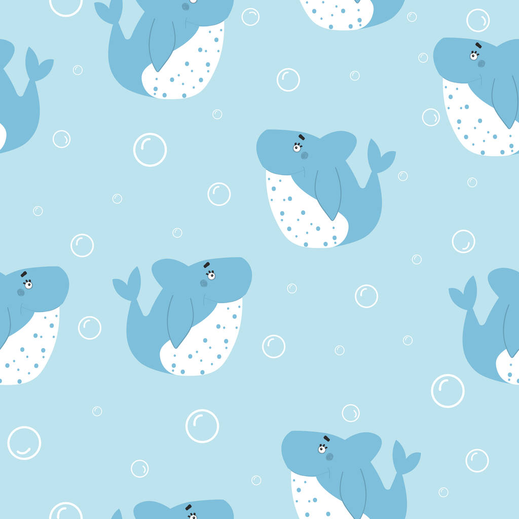 Seamless pattern with cute shark print at the children's textiles. Cartoon. Hand-drawn. - Vector, Image