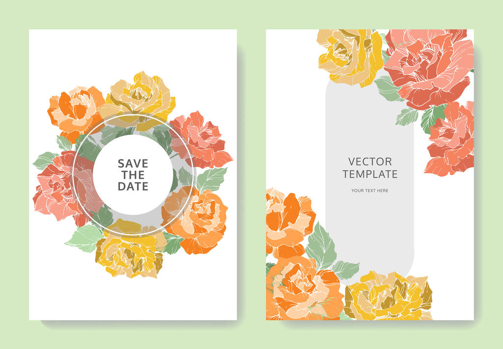 Διάνυσμα τριαντάφυλλο λουλούδια. Κάρτες γάμου με floral σύνορα. Σας ευχαριστώ, rsvp, κομψό κάρτες πρόσκληση Εικονογράφηση γραφικών set.  - Διάνυσμα, εικόνα