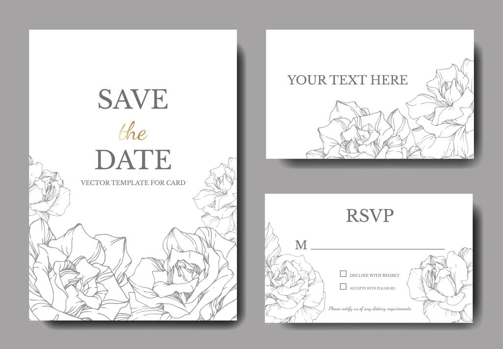 Διάνυσμα. Ασημένια ροδαλά λουλούδια στις λευκές κάρτες. Κάρτες γάμου με floral διακοσμητικά περιγράμματα. Σας ευχαριστώ, rsvp, κομψό κάρτες πρόσκληση Εικονογράφηση γραφικών set. Χαραγμένο μελάνι τέχνης. - Διάνυσμα, εικόνα