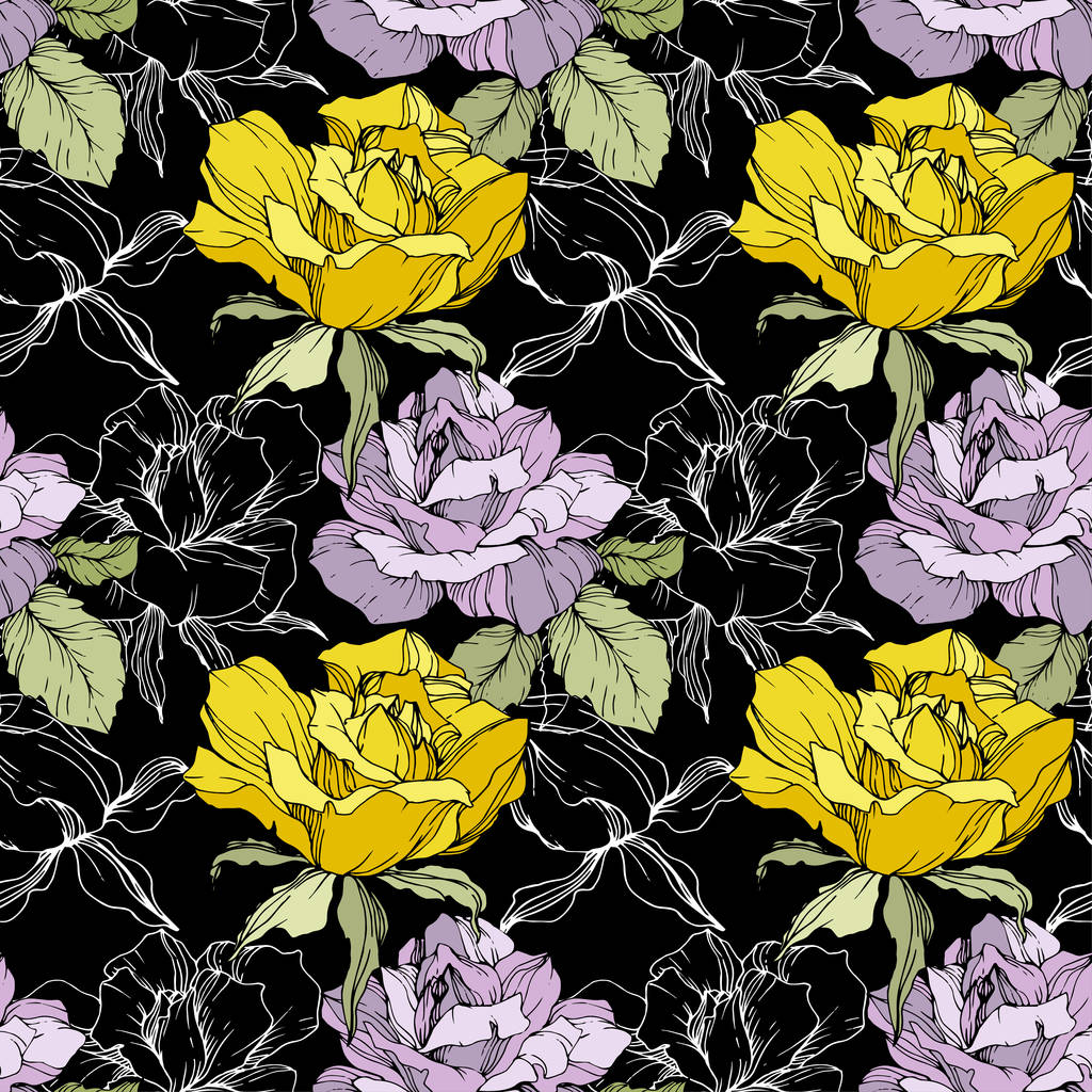 Yellow and purple roses. Engraved ink art. Seamless background pattern. Fabric wallpaper print texture on black background. - Vector, Image