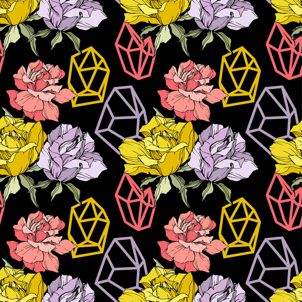 Pink, yellow and purple roses. Engraved ink art. Seamless background pattern. Fabric wallpaper print texture on black background. - Vector, Image