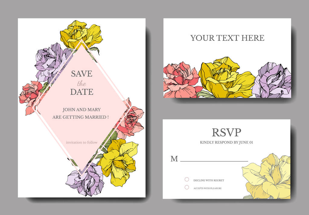 カードに美しいバラの花。結婚式の花の装飾的なボーダーをカード。ありがとう、rsvp、招待エレガントなカード イラスト グラフィック セット。刻まれたインク アート. - ベクター画像