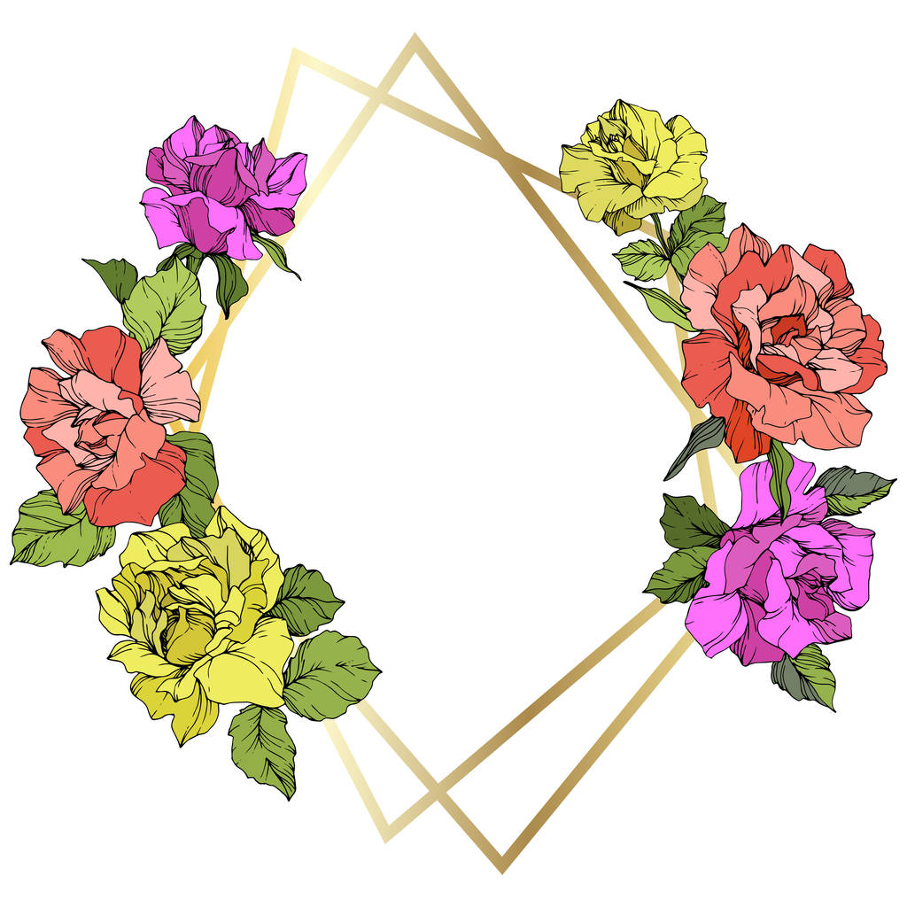 Vector. Roze bloemen en gouden kristallen fotolijstje. Koraal, gele en paarse rozen gegraveerd inkt kunst. Geometrische crystal veelvlak vorm op witte achtergrond. - Vector, afbeelding