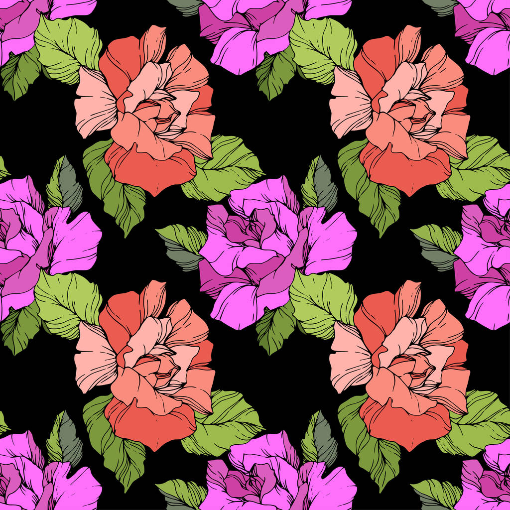 Coral and purple roses. Engraved ink art. Seamless background pattern. Fabric wallpaper print texture on black background. - Vector, Image