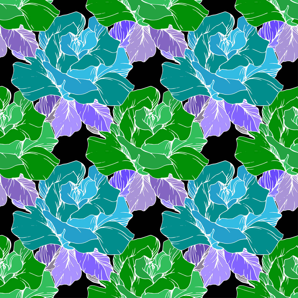 Πράσινα και μπλε τριαντάφυλλα. Χαραγμένο μελάνι τέχνης. Απρόσκοπτη υπόβαθρο μοτίβο. Η ταπετσαρία υφάσματος εκτύπωση υφή σε μαύρο φόντο. - Διάνυσμα, εικόνα