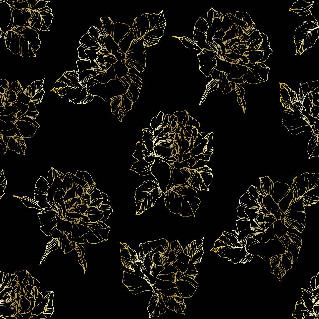 Vector τριαντάφυλλο λουλούδια. Χρυσή χαραγμένο μελάνι τέχνης. Απρόσκοπτη υπόβαθρο μοτίβο. Η ταπετσαρία υφάσματος εκτύπωση υφή σε μαύρο φόντο. - Διάνυσμα, εικόνα