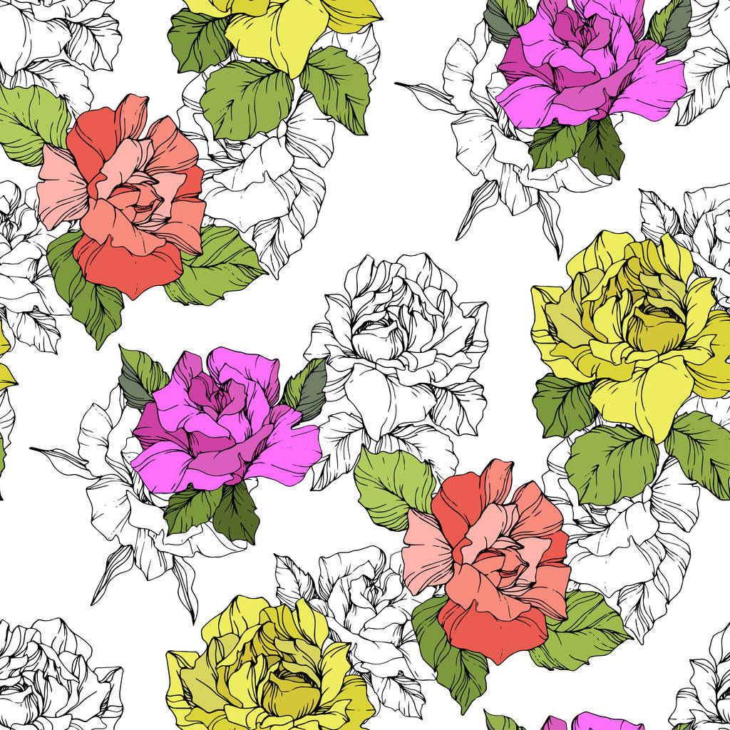 Beautiful coral, yellow and purple roses. Engraved ink art. Seamless background pattern. Fabric wallpaper print texture on white background. - Vector, Image