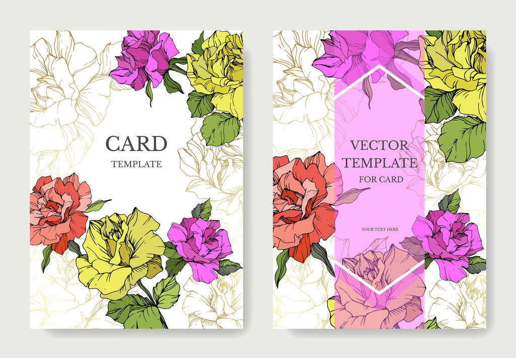 Vector. Coral, yellow and purple rose flowers on cards. Wedding cards with floral decorative borders. Thank you, rsvp, invitation elegant cards illustration graphic set. Engraved ink art. - Vector, Image