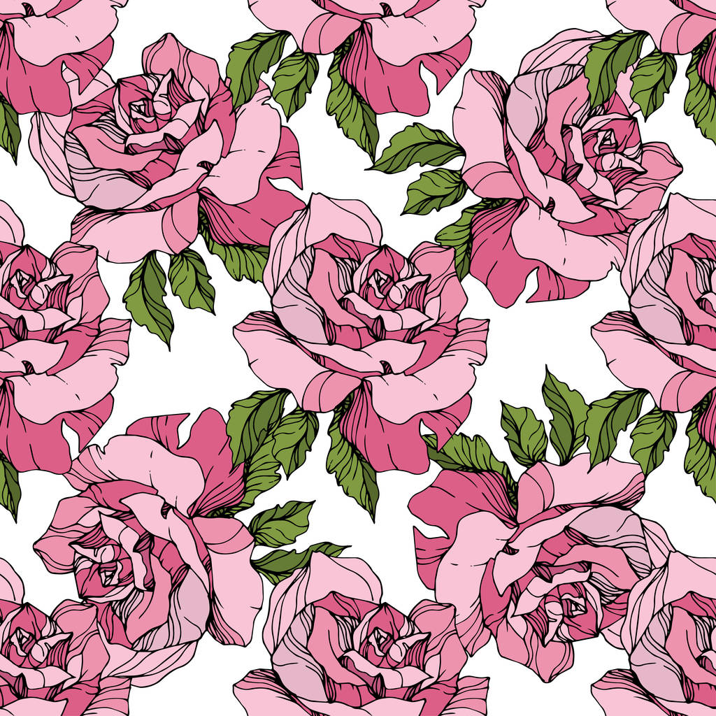 Pink roses. Engraved ink art. Seamless background pattern. Fabric wallpaper print texture on white background. - Vector, Image