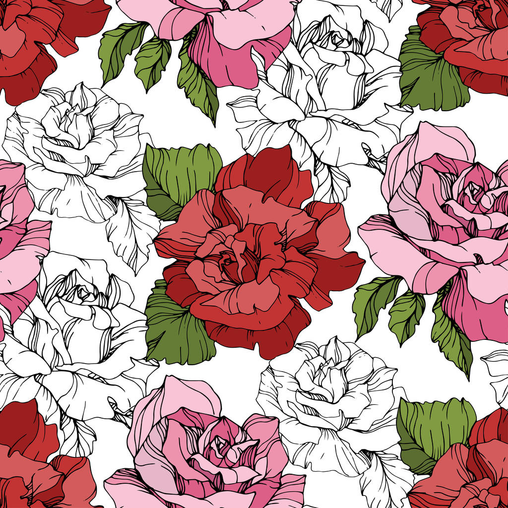 Roze en rode rozen. Gegraveerde inkt art. Naadloze achtergrondpatroon. Structuur behang afdrukken textuur op witte achtergrond. - Vector, afbeelding