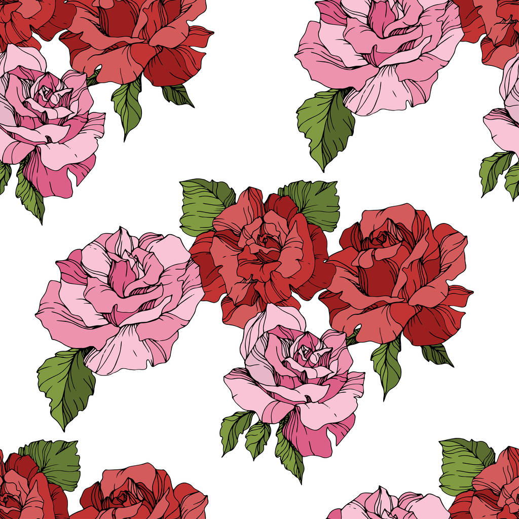 Pink and red roses. Engraved ink art. Seamless background pattern. Fabric wallpaper print texture on white background. - Vector, Image