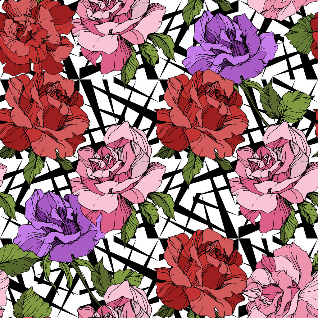 Roses roses, rouges et violettes. Encre gravée. Modèle de fond sans couture. Texture d'impression papier peint tissu sur fond blanc
. - Vecteur, image
