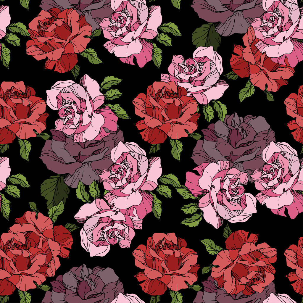 ピンクと赤のバラの花 刻まれたインク アート シームレスな背景パターン 織物壁紙は 黒の背景にテクスチャを印刷します ロイヤリティフリーのベクターグラフィック画像