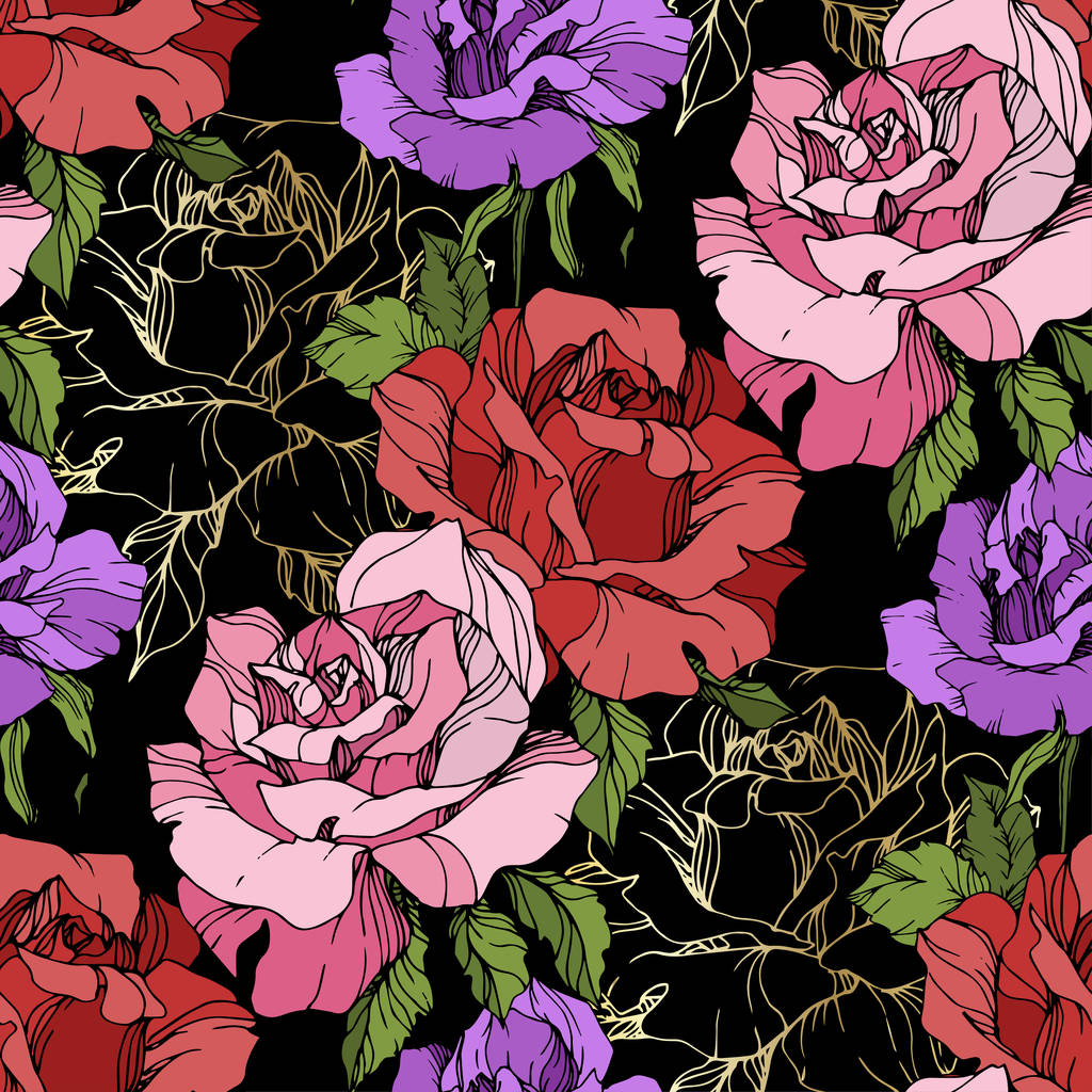 Vaaleanpunaisia, punaisia ja violetteja ruusuja. Kaiverrettua mustetaidetta. Saumaton taustakuvio. Kangas tapetti tulostaa tekstuuri mustalla taustalla
. - Vektori, kuva