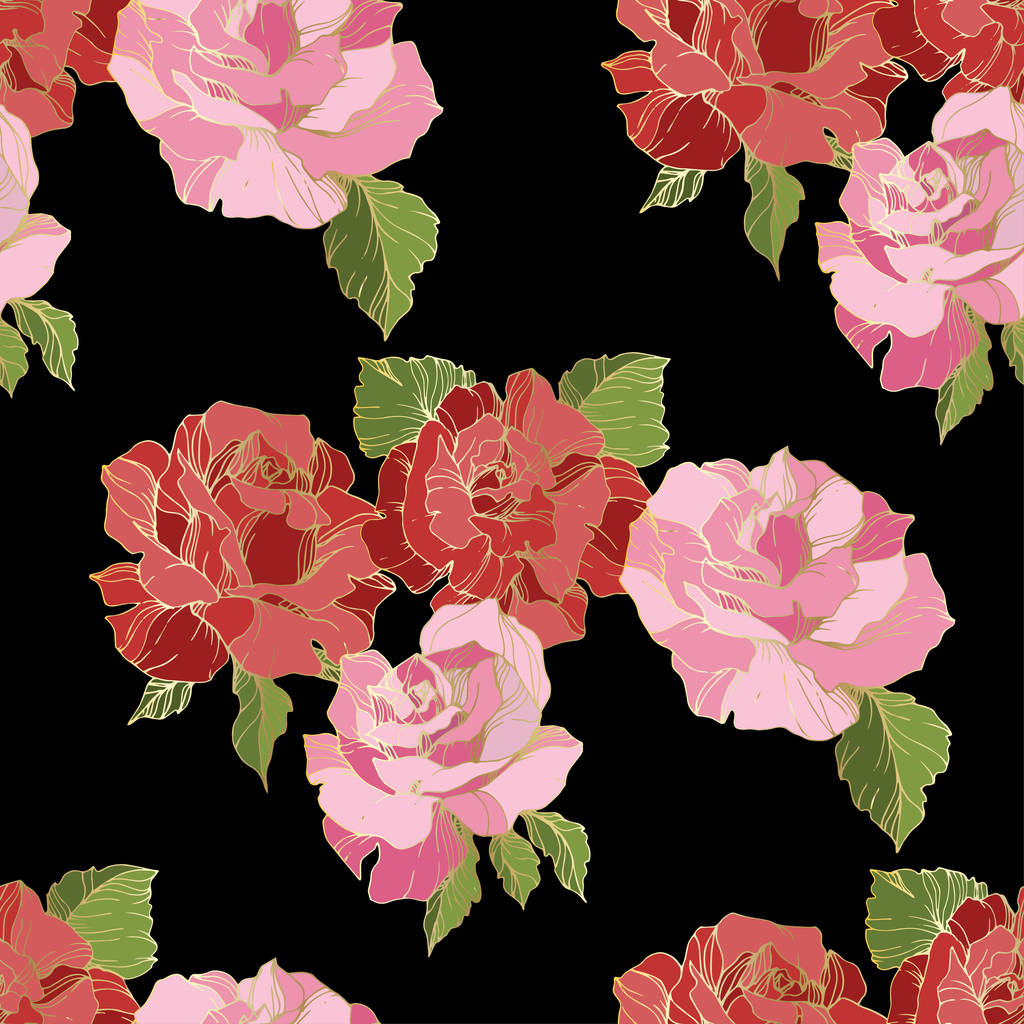 Pink and red rose flowers. Engraved ink art. Seamless background pattern. Fabric wallpaper print texture on black background. - Vector, Image