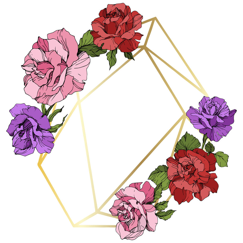 Vector. Rose flowers and golden crystal frame. Pink, red and purple engraved ink art. Geometric crystal polyhedron shape on white background.  - Vector, Image