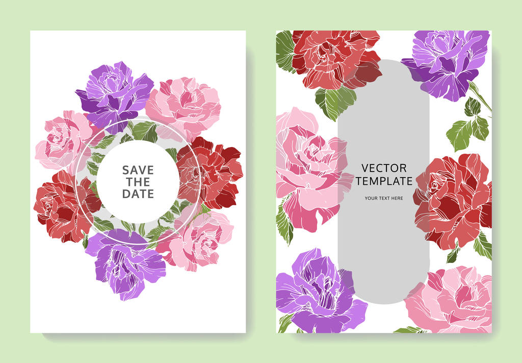 カードに美しいバラの花 結婚式の花の装飾的なボーダーをカード ありがとう Rsvp 招待エレガントなカード イラスト グラフィック セット 刻まれたインク アート ロイヤリティフリーのベクターグラフィック画像