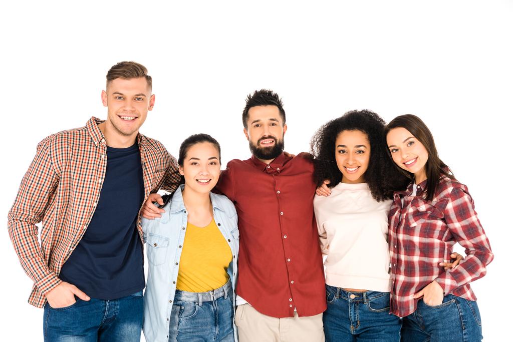 мультикультурна група молодих людей посміхається і обіймається ізольовано на білому
 - Фото, зображення