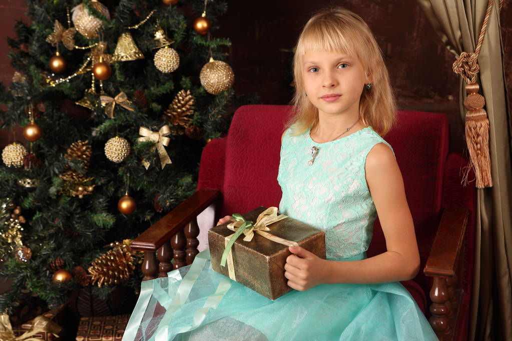 Ένα κορίτσι κοντά το χριστουγεννιάτικο δέντρο κατέχει ένα δώρο - Φωτογραφία, εικόνα
