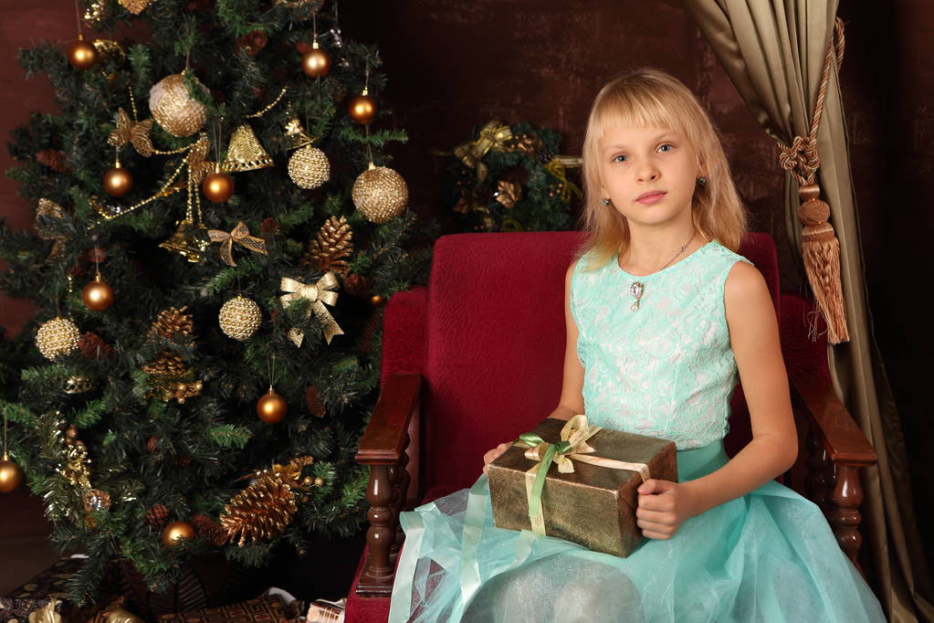 Noel ağacı yakınındaki güzel elbiseli bir kız bir hediye tutar - Fotoğraf, Görsel