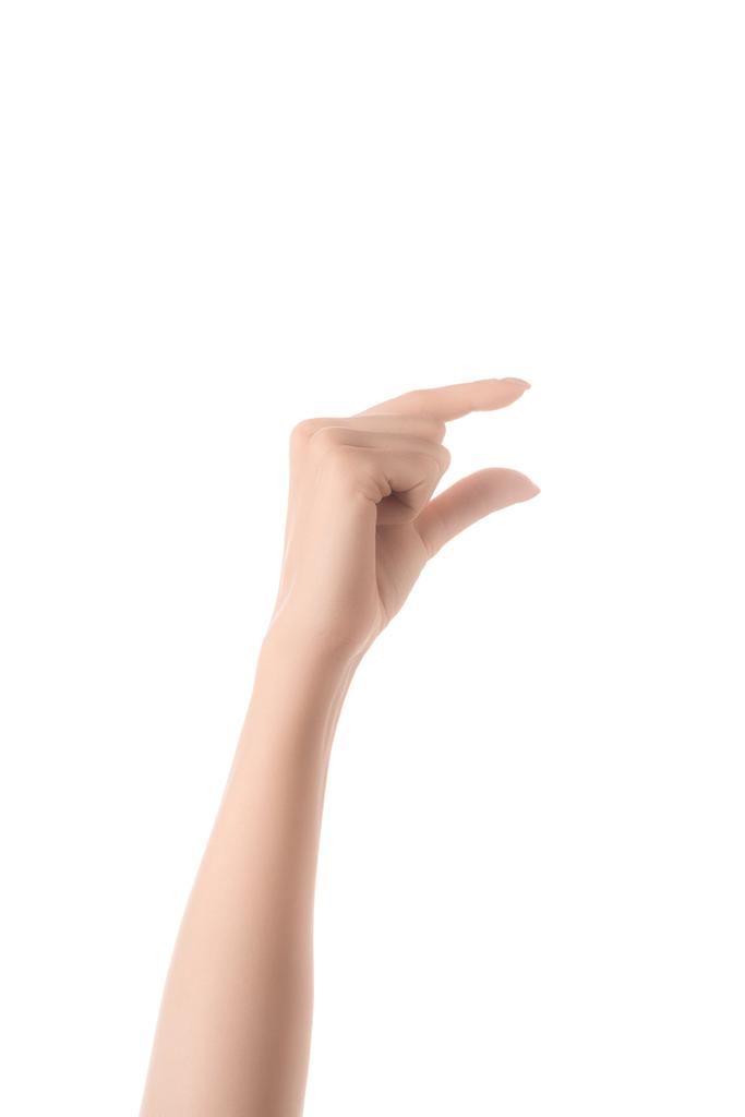 vista recortada de la mujer mostrando gesto de tamaño con la mano aislada en blanco
 - Foto, imagen