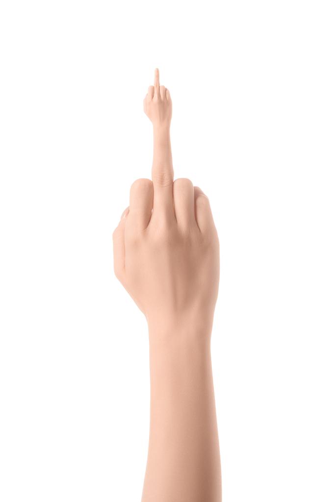 Обрезанный вид женщины, показывающей средний палец изолированный на белом - Фото, изображение