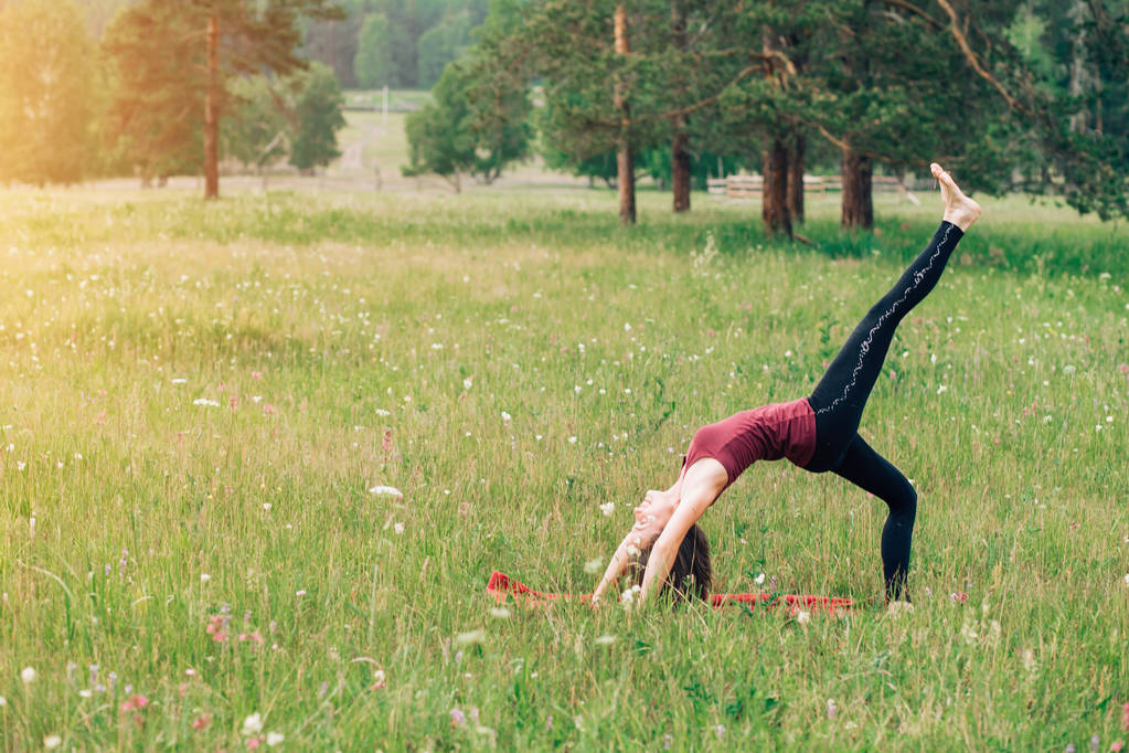 Sportmädchen machen Übungen im Wald, auf dem Feld, im Park. Yoga, Sport, Gesundheit - Foto, Bild