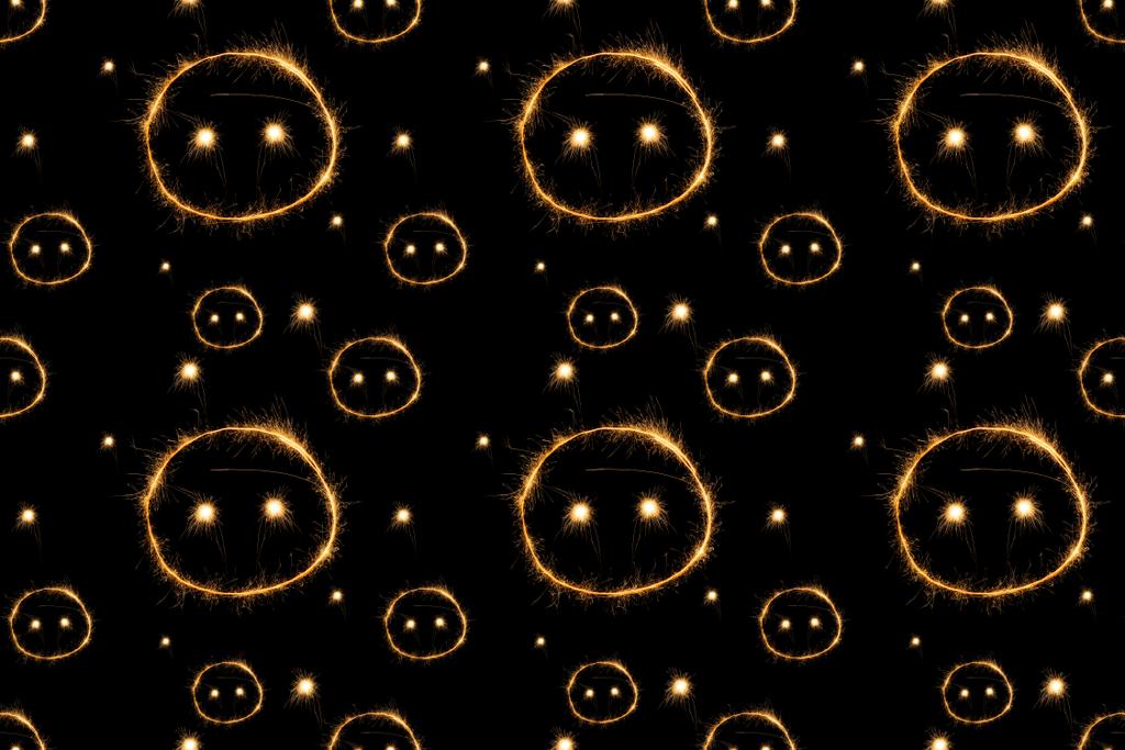 Vollrahmen Schweineschnauze Lichtzeichen auf schwarzem Hintergrund, Neujahrsferien-Konzept - Foto, Bild