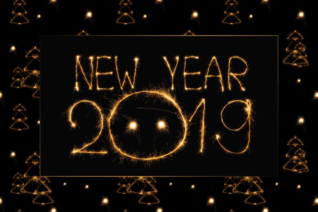 siyah arka plan üzerine 2019 yeni yıl ışık yazı ve köknar ağacı ışık işaretleri - Fotoğraf, Görsel