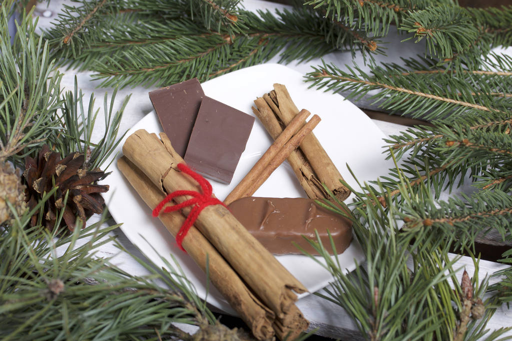 Bâtonnets de cannelle et chocolat à côté des branches de pin et des cônes. Sur une boîte en bois
. - Photo, image