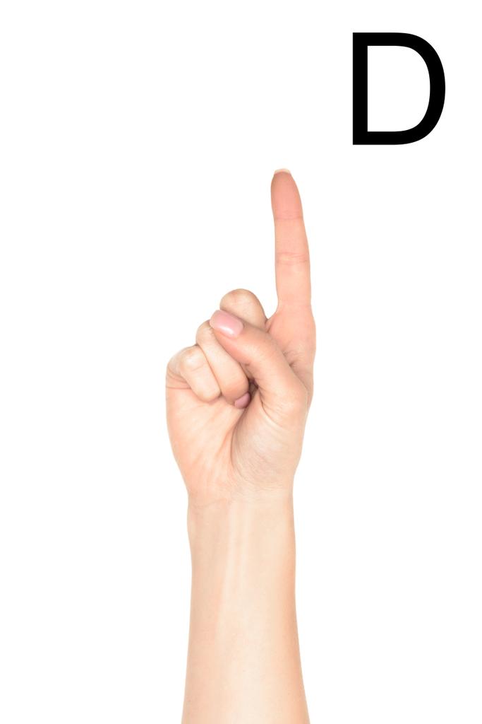 ラテン文字 - D、手話、白で隔離を示す女性の手のビューをトリミング - 写真・画像