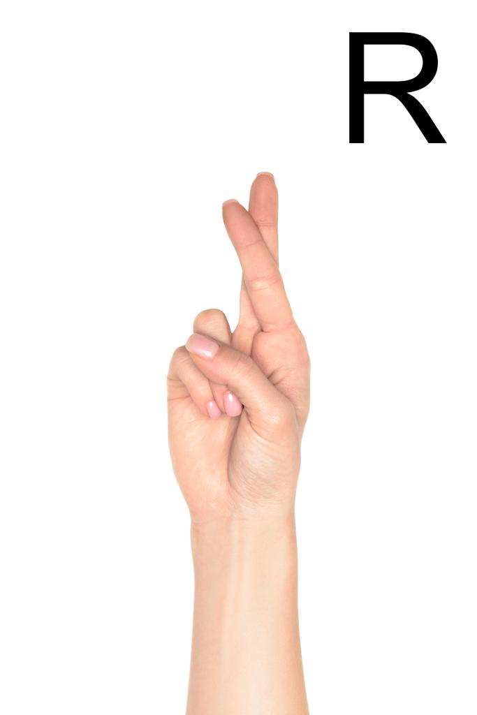 gedeeltelijke weergave van vrouw weergegeven: letter - R, doof en stom Latijn, geïsoleerd op wit - Foto, afbeelding