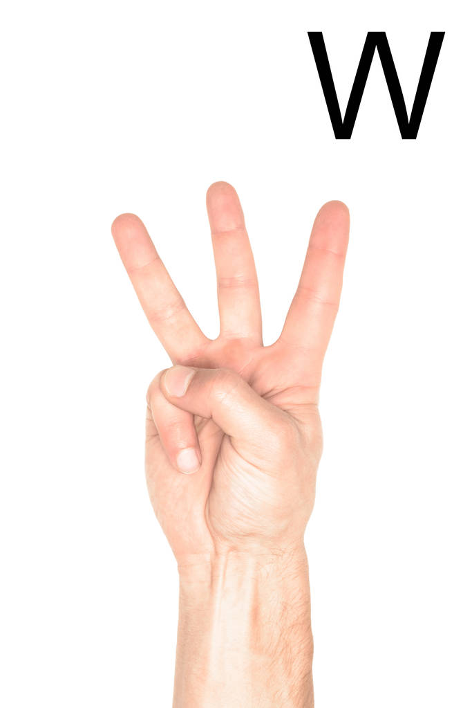 白で隔離ラテン文字 - W、聾唖言語を示す男性の手の部分的なビュー - 写真・画像