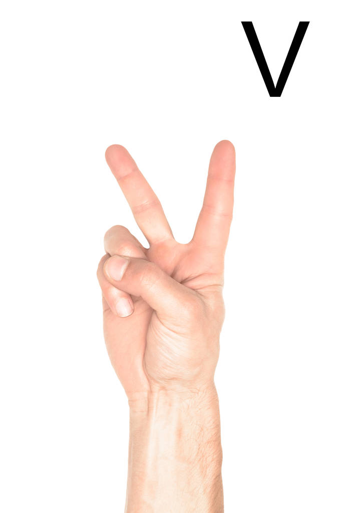 visão parcial da mão masculina mostrando letra latina - V, língua surda e muda, isolada em branco
 - Foto, Imagem