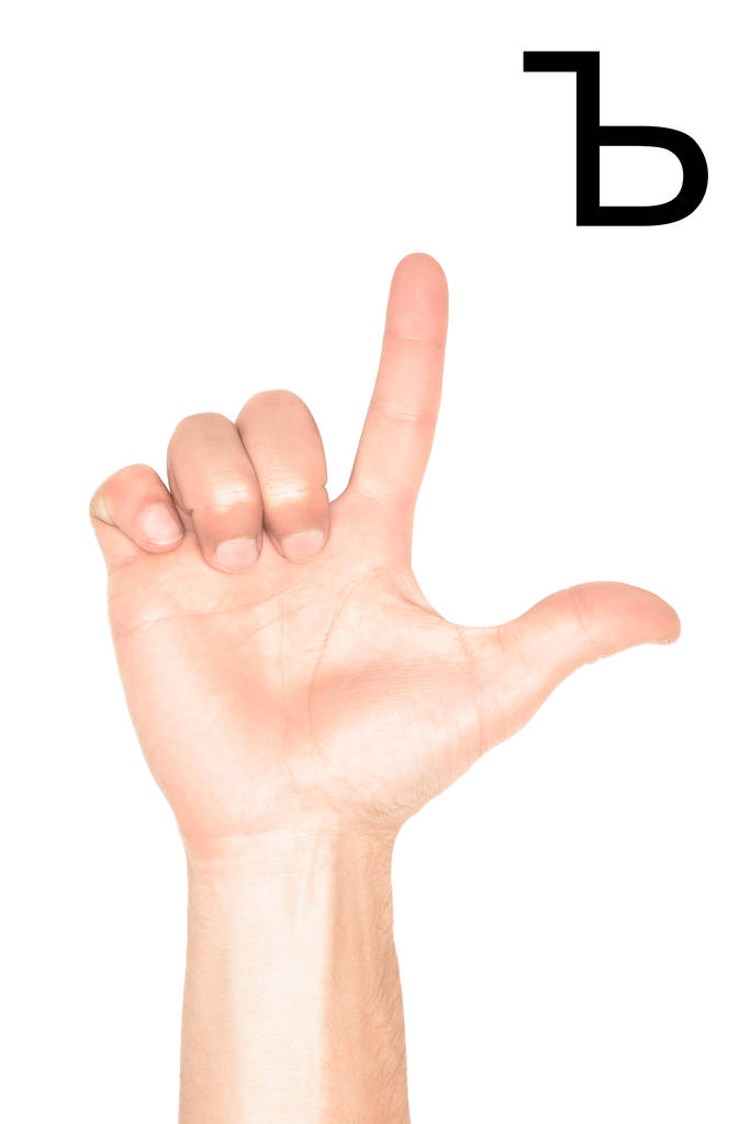 обрезанный вид мужской руки, показывающий кириллический алфавит, глухой и немой язык, изолированный на белом
 - Фото, изображение
