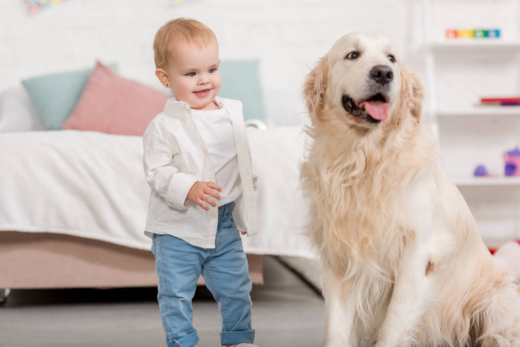 sonriente adorable niño mirando golden retriever perro en niños habitación
 - Foto, Imagen