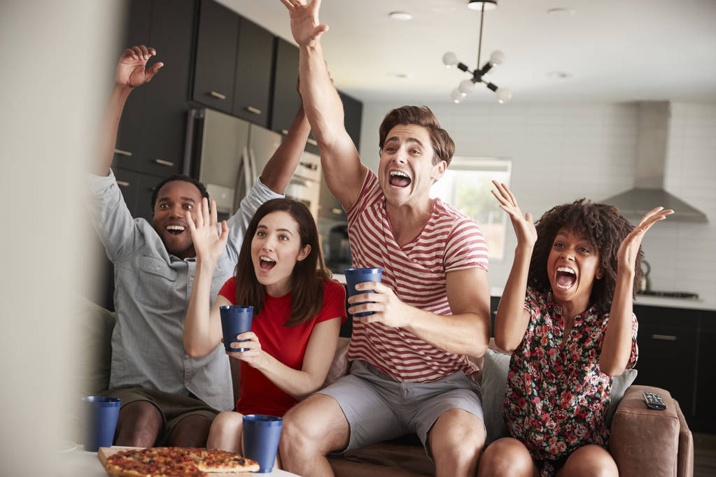 Neljä nuorta aikuista ystävää katsomassa urheilua televisiosta juhlii
 - Valokuva, kuva