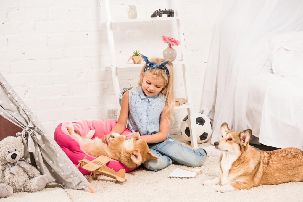 adorable child playing with welsh corgi dogs at home  - Photo, Image