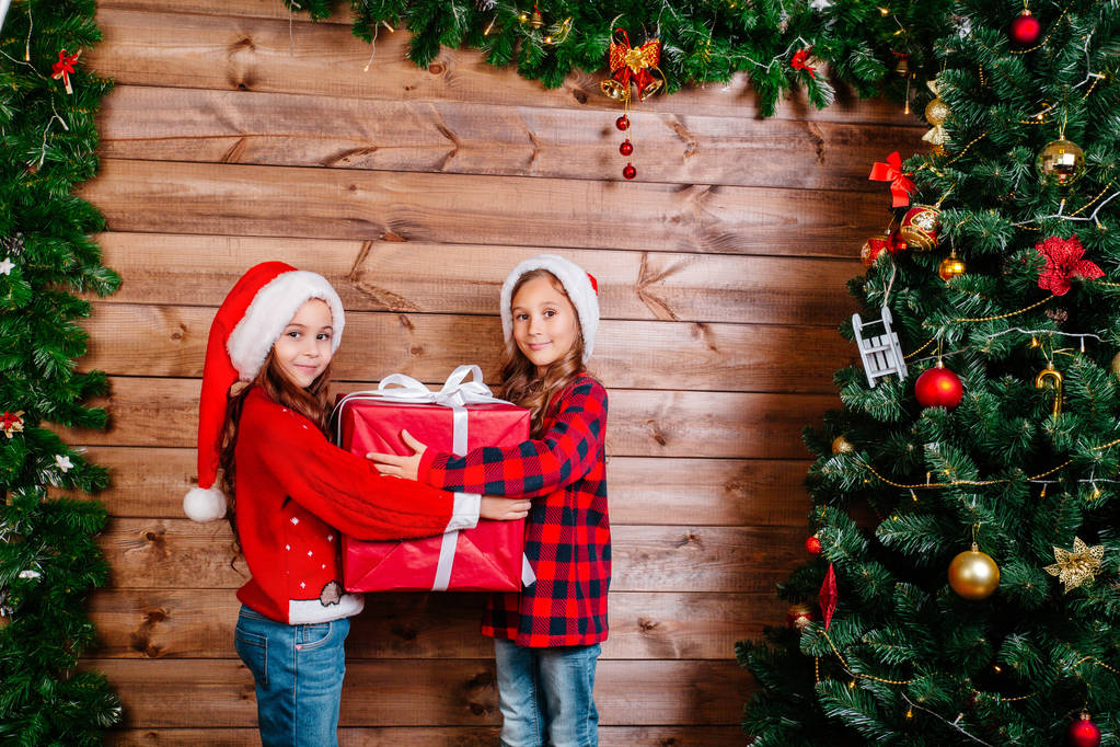 Две милые маленькие сестры с большой красной подарочной коробкой рядом с деревом дома
. - Фото, изображение