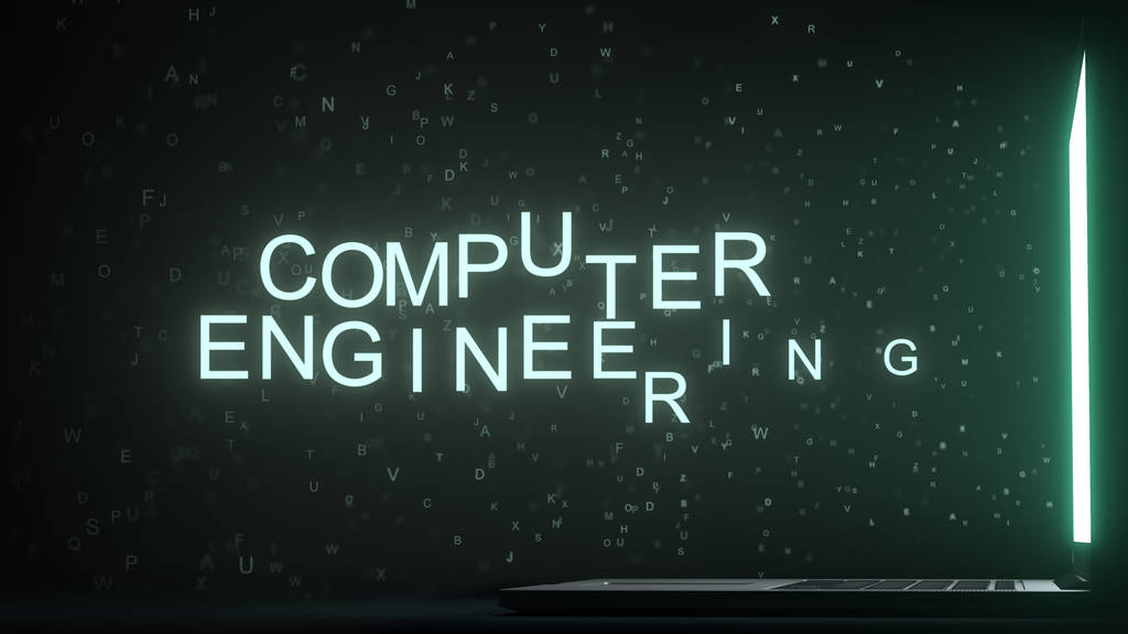 Komputer inżynierii tekstem znajdującym się w pobliżu ekran laptopa. Konceptualna renderowania 3d - Zdjęcie, obraz
