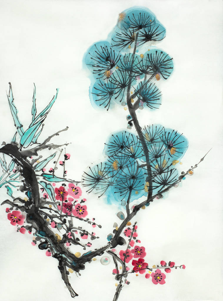 開花梅竹と明るい背景に松の枝 - 写真・画像