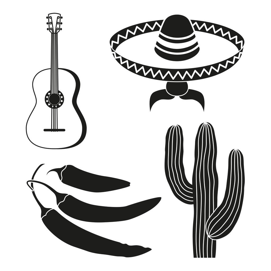 Black and white 4 mexican elements. - Vector, Image