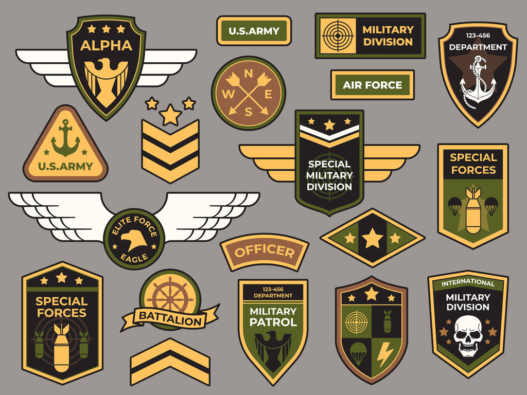 Distintivos do exército. Patch militar, sinal de capitão da força aérea e emblema de pára-quedista conjunto de patches vetoriais
 - Vetor, Imagem
