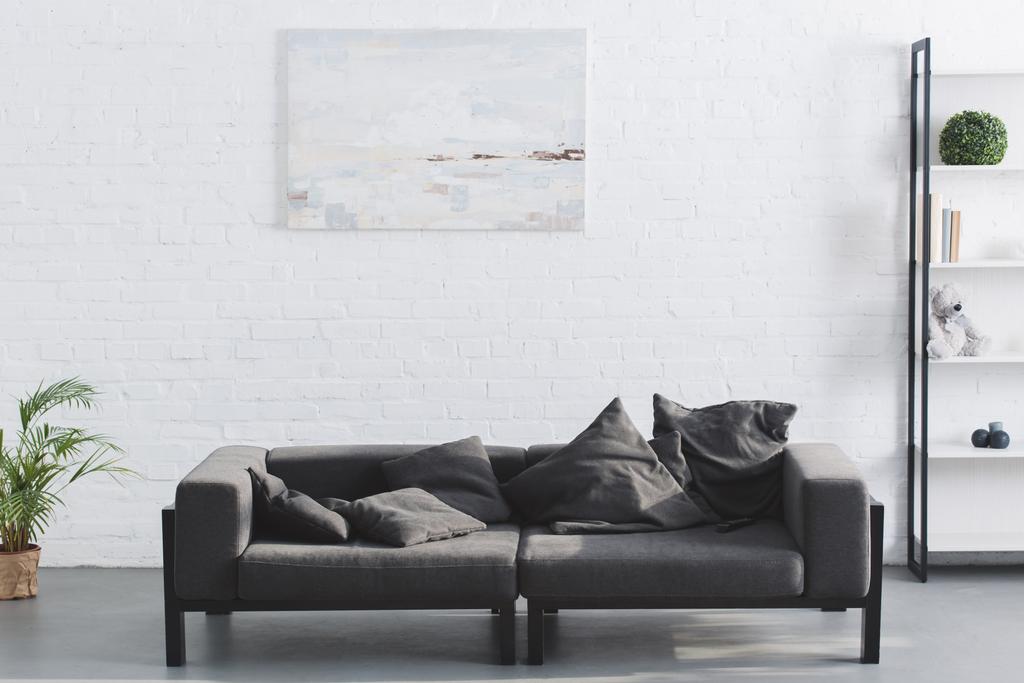 cozy grey sofa in modern living room interior - Photo, Image