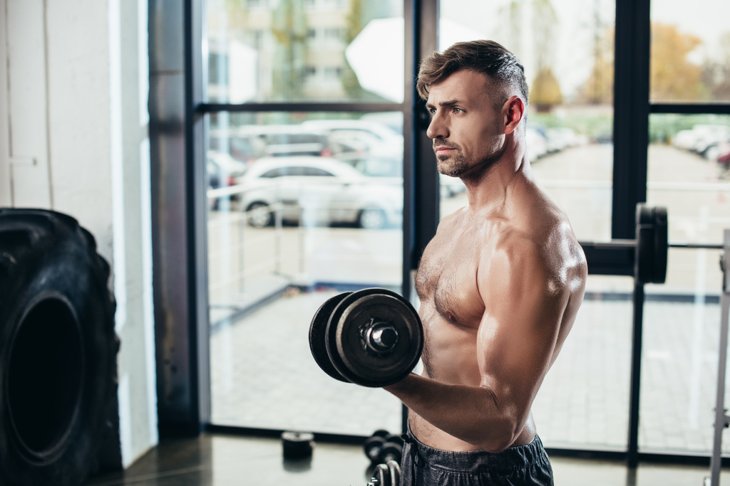 handsome shirtless sweaty sportsman training with dumbbells in gym  - Photo, Image